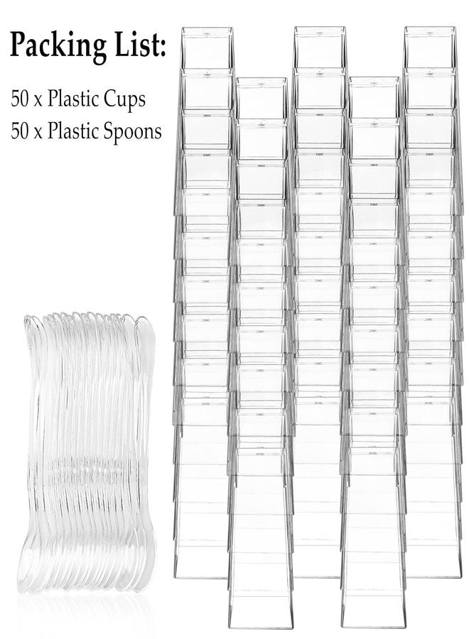 TOFLEN 50 Pack 3 oz Square Mini Dessert Cups with Spoons Clear Plastic Dessert Shooter Cups for for Party, Yogurt, Parfait, Cheesecake, Pudding, Jello and Appetizers - Image 3