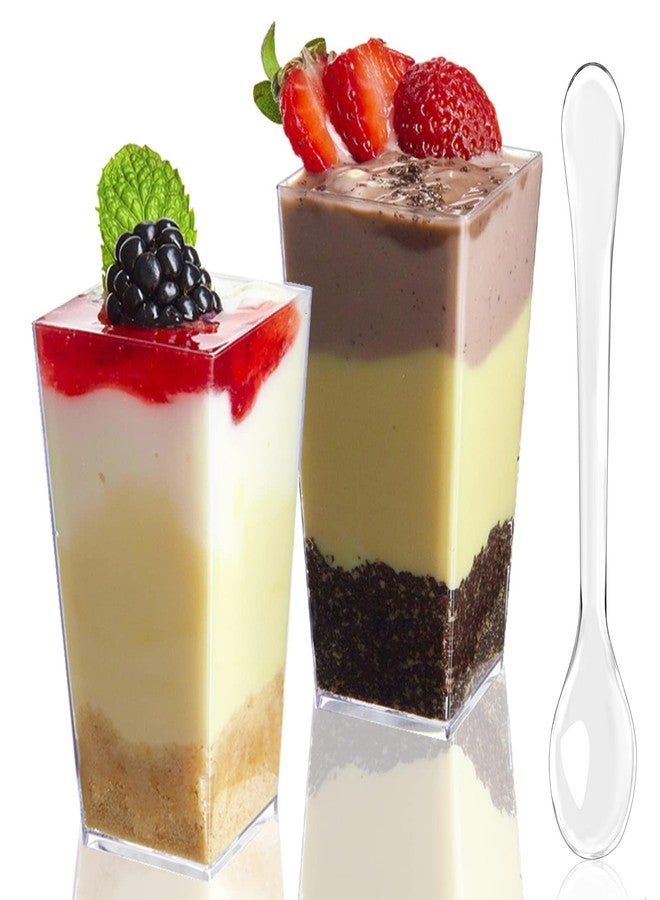 TOFLEN 50 Pack 3 oz Square Mini Dessert Cups with Spoons Clear Plastic Dessert Shooter Cups for for Party, Yogurt, Parfait, Cheesecake, Pudding, Jello and Appetizers - Image 1