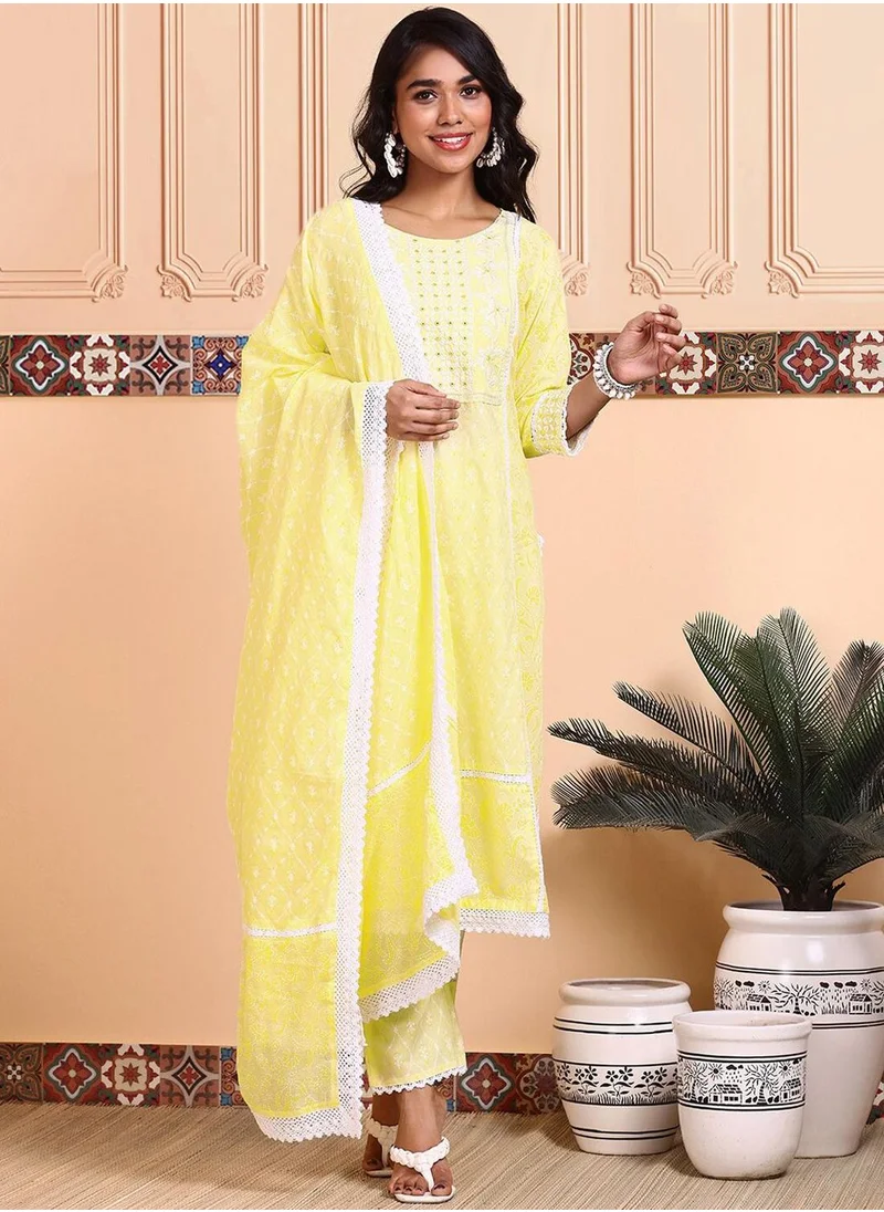 ISHIN Women's Yellow 100% Cotton Embellished Tunic Full Length Casual Straight Fit Kurta Set