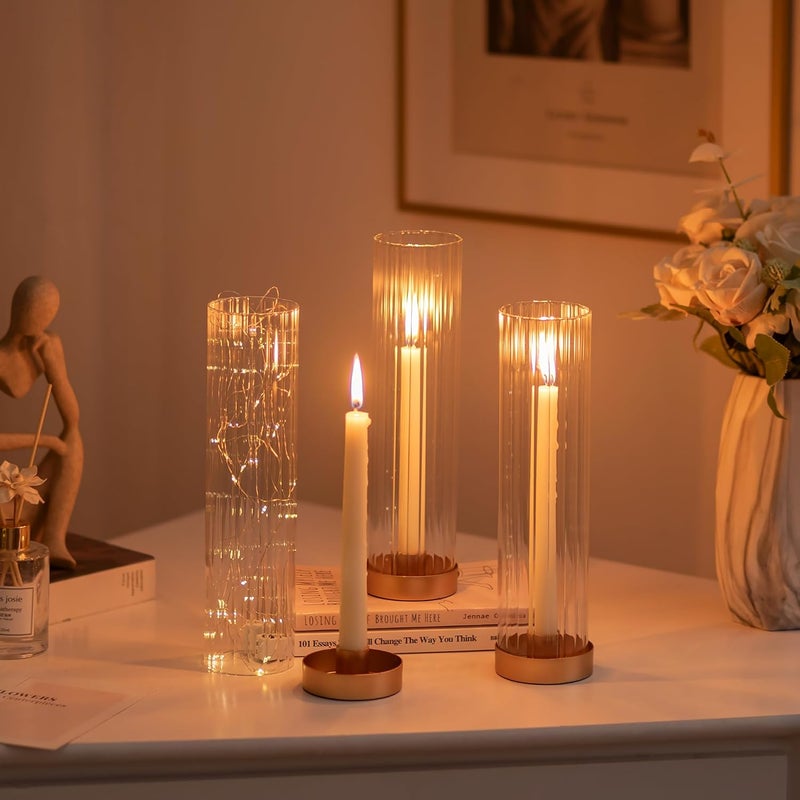 Hewory Hurricane Glass Candle Holders: Set of 2 Gold Candlestick Holders with 11" Tall Clear Cylinder Hurricane Cover, Taper Candle Holder for Wedding Table Centerpiece Party Christmas Home Decor - Image 3