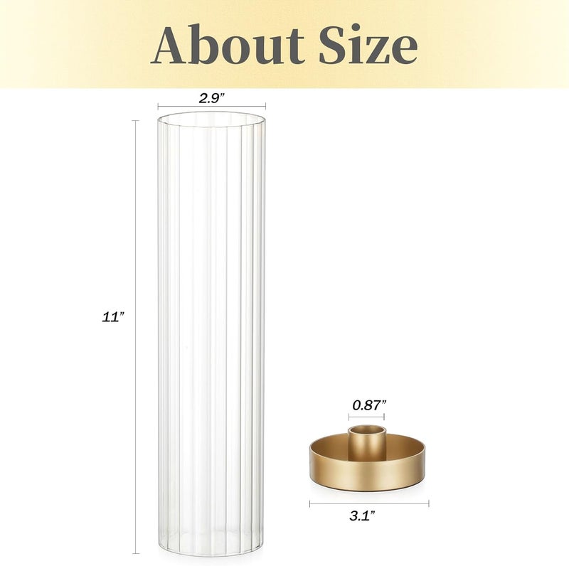 Hewory Hurricane Glass Candle Holders: Set of 2 Gold Candlestick Holders with 11" Tall Clear Cylinder Hurricane Cover, Taper Candle Holder for Wedding Table Centerpiece Party Christmas Home Decor - Image 2