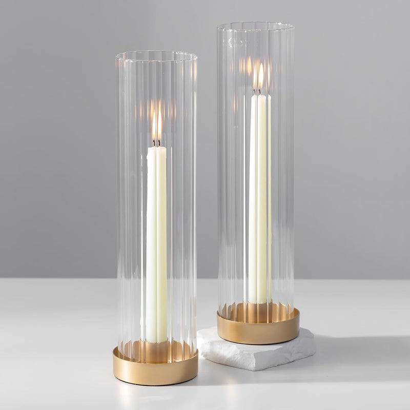 Hewory Hurricane Glass Candle Holders: Set of 2 Gold Candlestick Holders with 11" Tall Clear Cylinder Hurricane Cover, Taper Candle Holder for Wedding Table Centerpiece Party Christmas Home Decor - Image 1