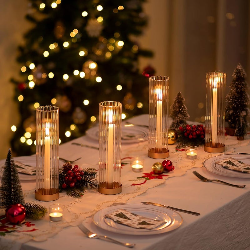 Hewory Hurricane Glass Candle Holders: Set of 2 Gold Candlestick Holders with 11" Tall Clear Cylinder Hurricane Cover, Taper Candle Holder for Wedding Table Centerpiece Party Christmas Home Decor - Image 5