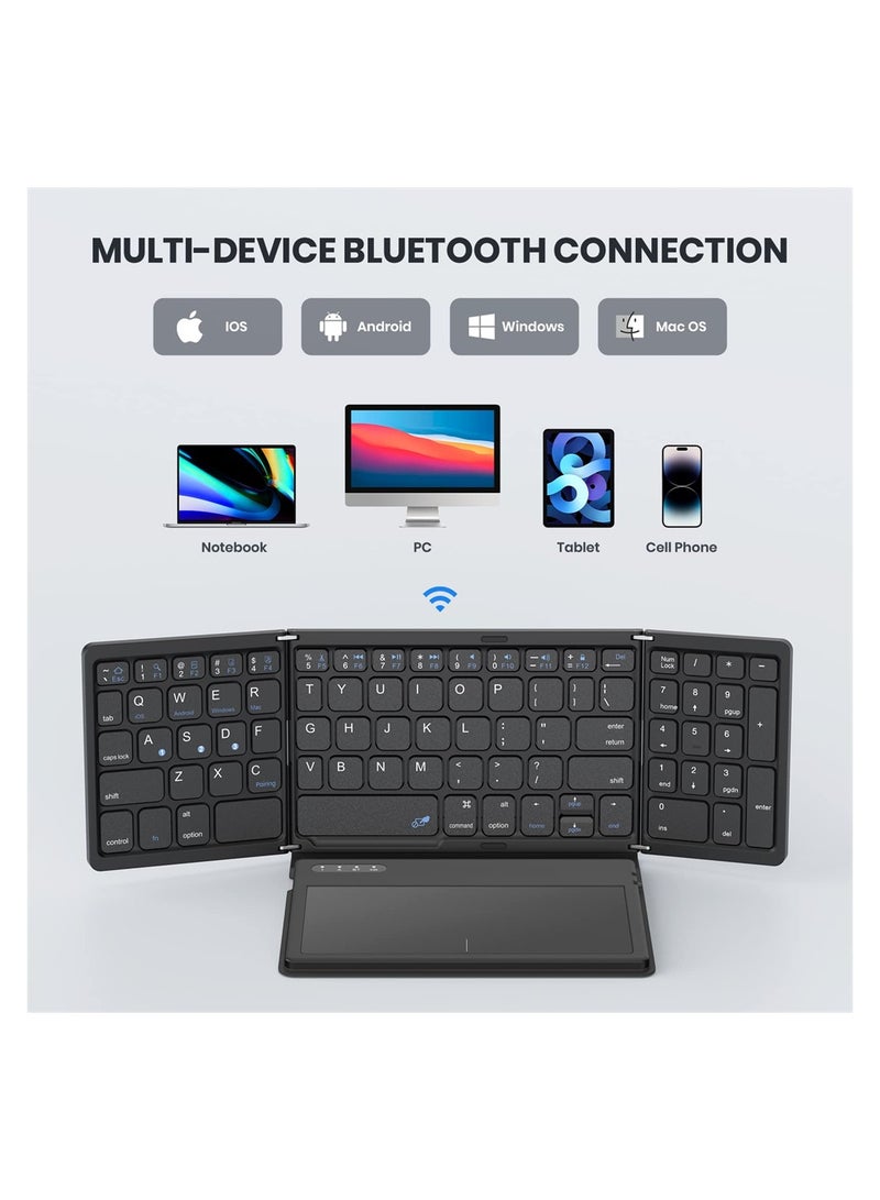 Foldable Bluetooth Keyboard, Portable Full Size Bluetooth Keyboard with Large Touchpad, Rechargeable Tri-Folding Ultra Slim Travel Keyboard for Windows iOS Android Mac, Sync up to 3 Devices