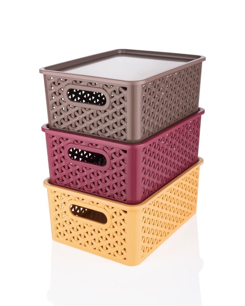 Leawall Plastic 3 Pieces Medium Size Multipurpose Solitaire Storage Basket with Lid (Plastic, Multi Colour) - Image 1