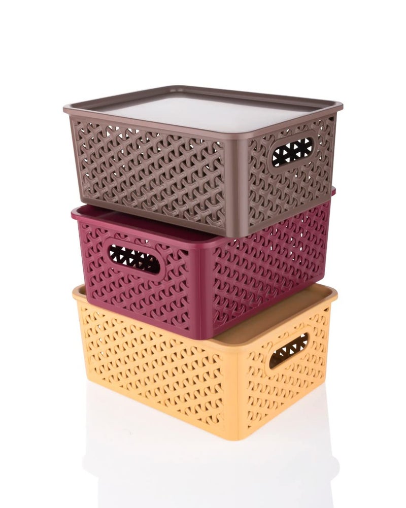 Leawall Plastic 3 Pieces Medium Size Multipurpose Solitaire Storage Basket with Lid (Plastic, Multi Colour) - Image 2