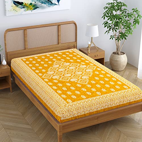 SheetKart Folk Floral 100% Pure Cotton Jaipuri Printed Bedsheet for Single Bed, Traditional Ethnic Bed Cover - Peaches Yellow - Image 3