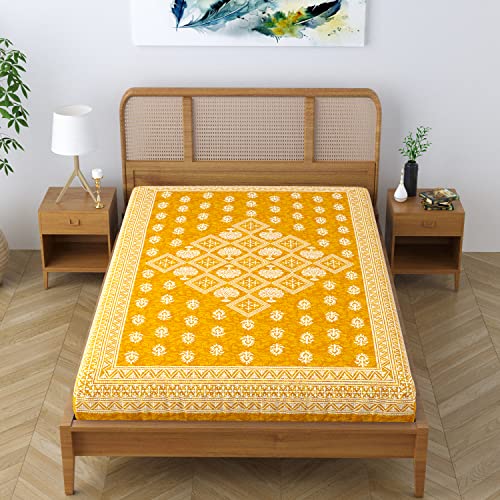 SheetKart Folk Floral 100% Pure Cotton Jaipuri Printed Bedsheet for Single Bed, Traditional Ethnic Bed Cover - Peaches Yellow - Image 4