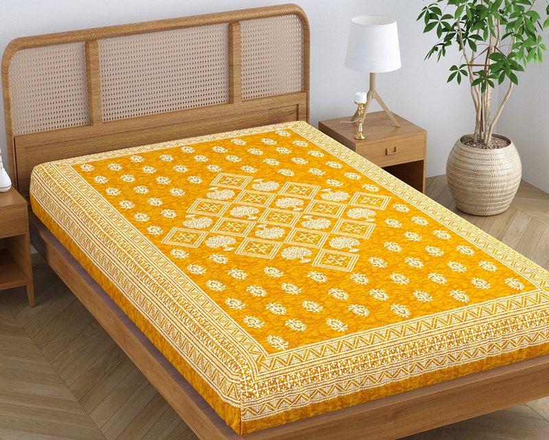 SheetKart Folk Floral 100% Pure Cotton Jaipuri Printed Bedsheet for Single Bed, Traditional Ethnic Bed Cover - Peaches Yellow - Image 1