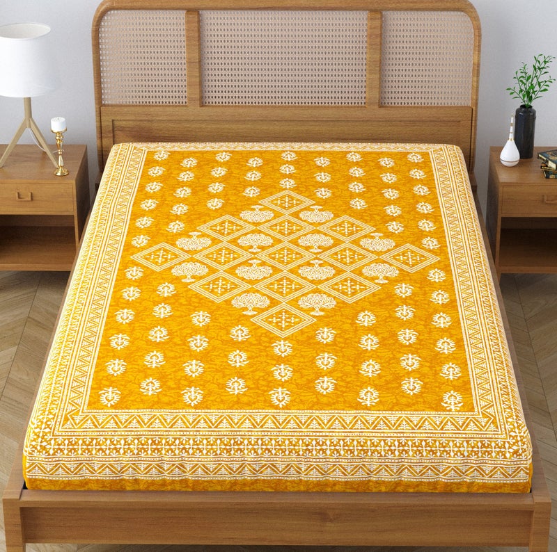 SheetKart Folk Floral 100% Pure Cotton Jaipuri Printed Bedsheet for Single Bed, Traditional Ethnic Bed Cover - Peaches Yellow - Image 2
