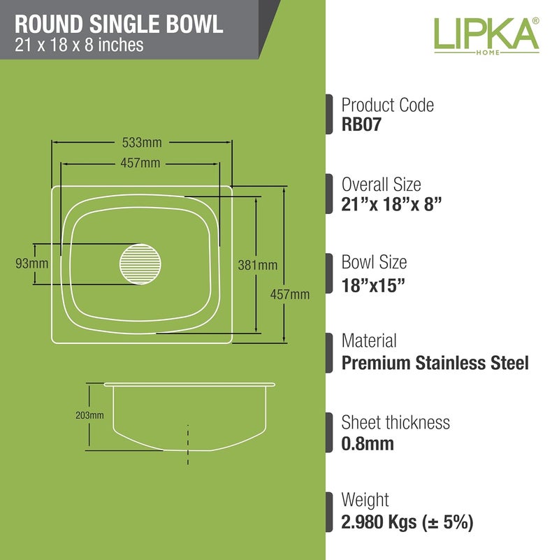 Lipka LIPKA 21 x 18 x 8 Inches Round Single Bowl Kitchen Sink Premium Stainless Steel Kitchen Sink Glossy Finish with Waste Pipe Sink Coupling - Image 2