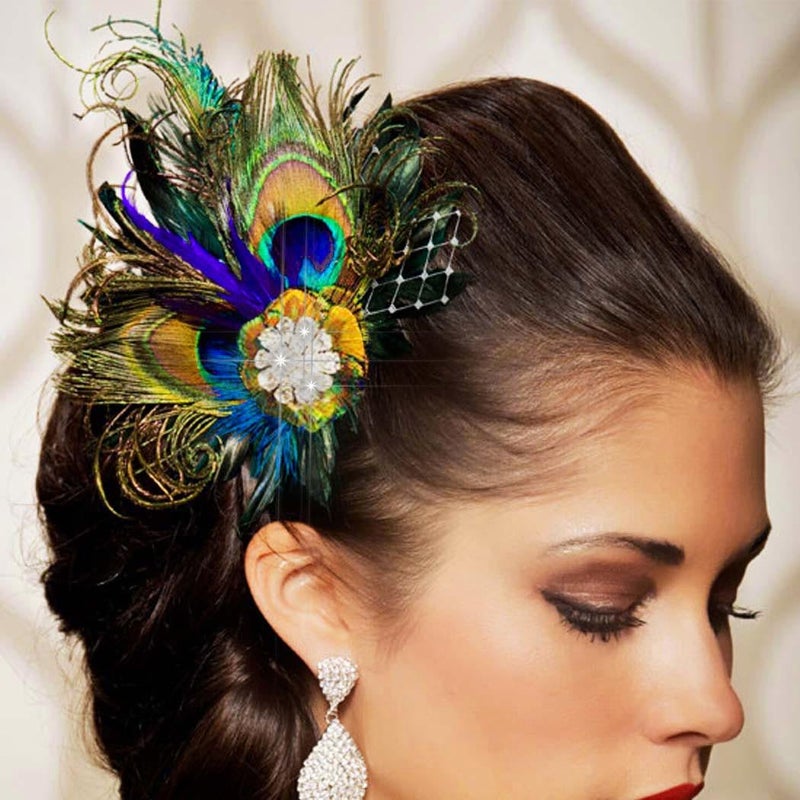 Yokawe Peacock Feather Hair Clip 1920s Fascinator with Rhinestone Flapper Prom Hair Accessories for Women - Image 1