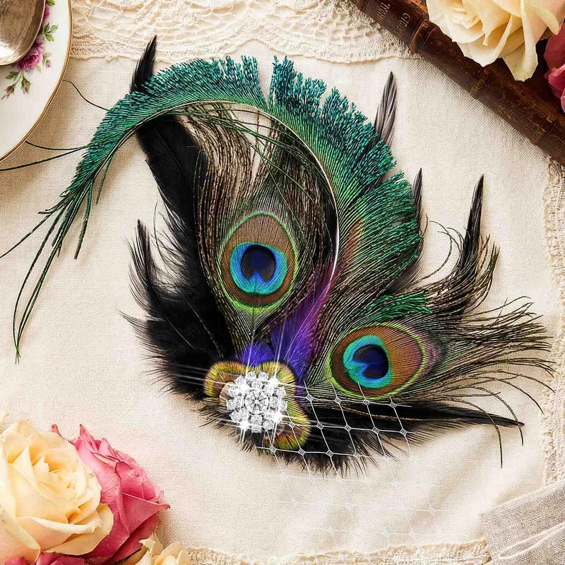 Yokawe Peacock Feather Hair Clip 1920s Fascinator with Rhinestone Flapper Prom Hair Accessories for Women - Image 3