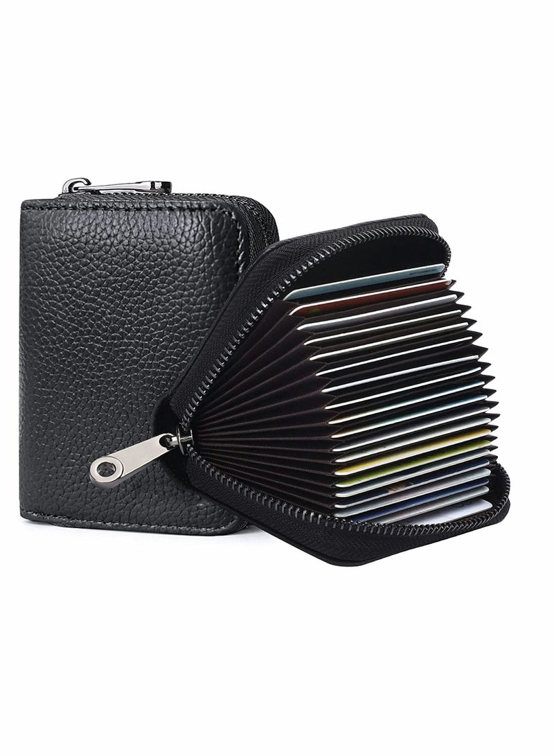 Card Cases, RFID 20 Card Slots Credit Card Holder Genuine Leather Small Card Case for Women or Men Accordion Wallet with Zipper (Black) - Image 2