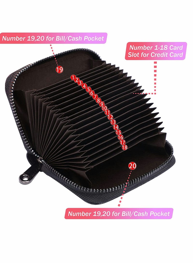Card Cases, RFID 20 Card Slots Credit Card Holder Genuine Leather Small Card Case for Women or Men Accordion Wallet with Zipper (Black) - Image 3