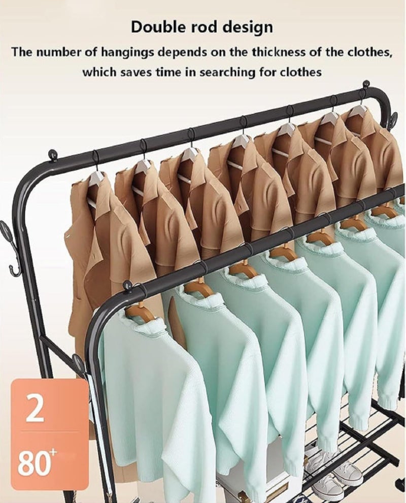 Owme Heavy Duty Metal Garment Rack with Wheels | Portable Clothes Hanging Stand | Rolling Clothing Rack for Bedroom, Laundry & Retail Store | Space Saving Cloth Stand (POLE BLACK, DOUBLE STNAD) - Image 3