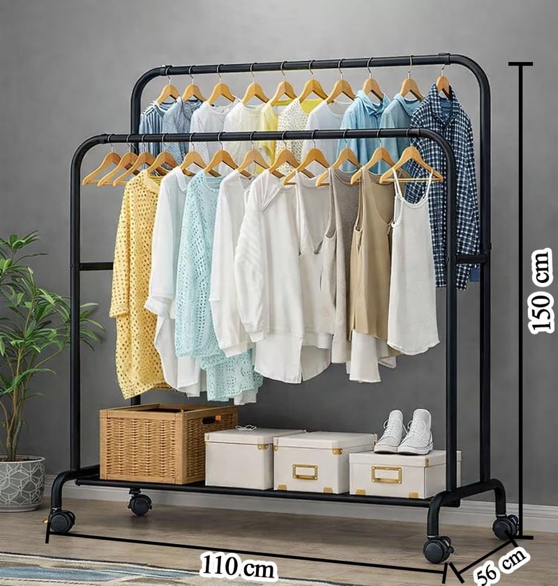 Owme Heavy Duty Metal Garment Rack with Wheels | Portable Clothes Hanging Stand | Rolling Clothing Rack for Bedroom, Laundry & Retail Store | Space Saving Cloth Stand (POLE BLACK, DOUBLE STNAD) - Image 2