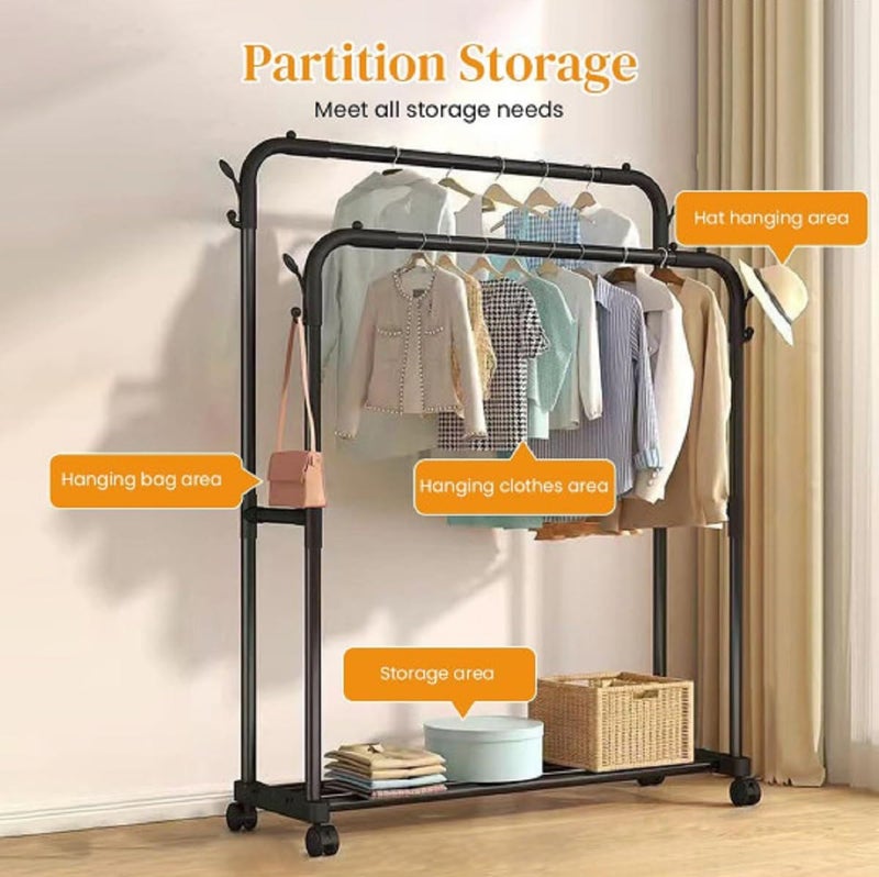 Owme Heavy Duty Metal Garment Rack with Wheels | Portable Clothes Hanging Stand | Rolling Clothing Rack for Bedroom, Laundry & Retail Store | Space Saving Cloth Stand (POLE BLACK, DOUBLE STNAD) - Image 4