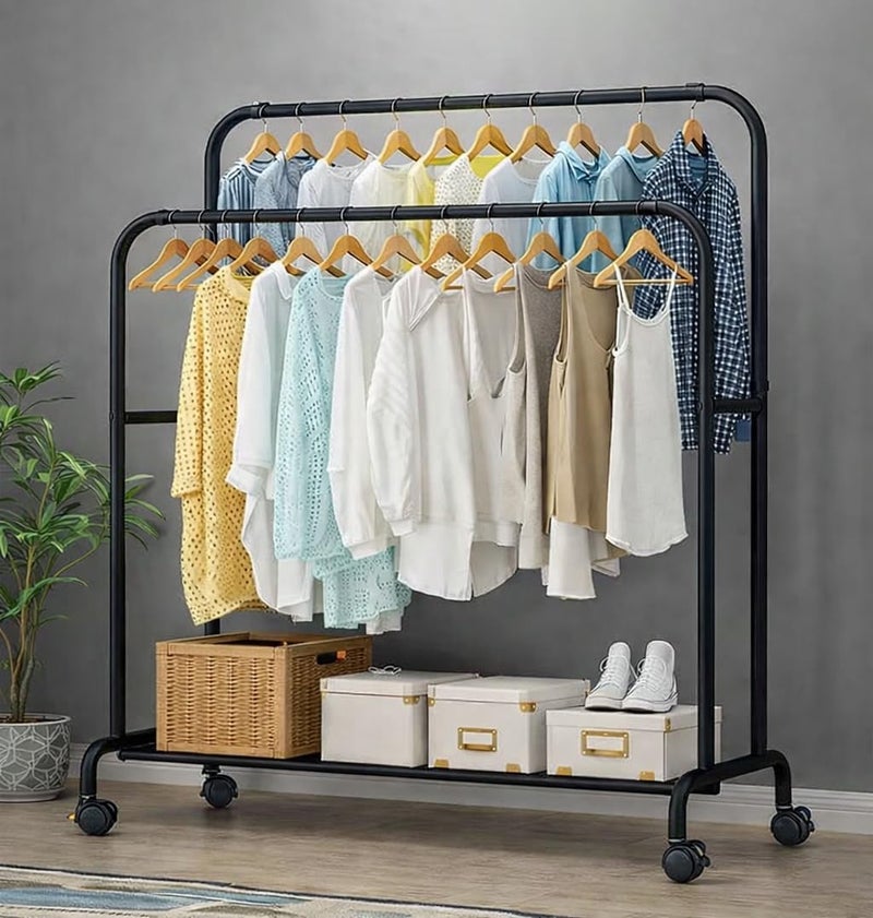 Owme Heavy Duty Metal Garment Rack with Wheels | Portable Clothes Hanging Stand | Rolling Clothing Rack for Bedroom, Laundry & Retail Store | Space Saving Cloth Stand (POLE BLACK, DOUBLE STNAD) - Image 1