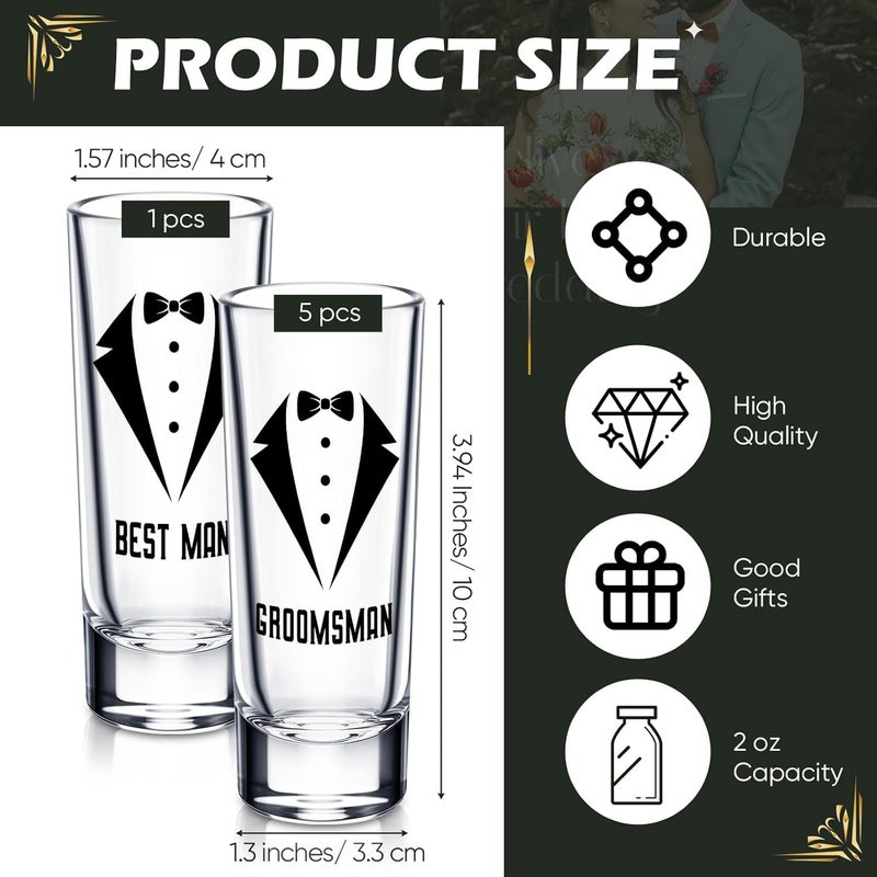 Rtteri 6 Pcs Wedding Shot Glasses Set 1 Best Man 5 Groomsmen Shot Glasses Wedding Party Favors Glasses Bachelor Party Favors Groomsman Gifts Bachelor Party Decorations for Proposal Men2 oz - Image 2
