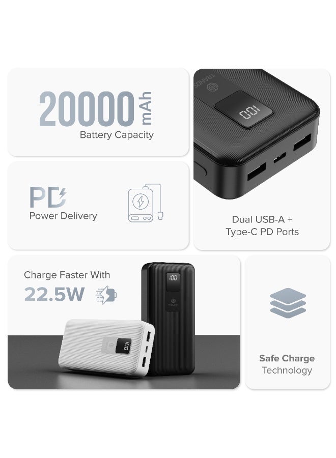 Trands 20000mAh Fast Charging Power Bank PB6375 – 22.5W USB-A & PD 20W USB-C Dual Output, LED Digital Display, Slim Li-Polymer Portable Charger for iPhone, Android & Tablets - White - Image 2