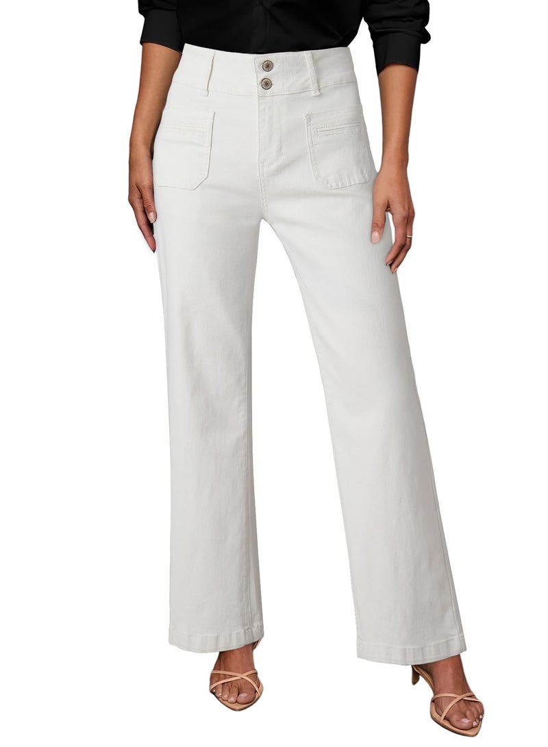 Sidefeel Women's White Jeans Spring Outfits Wide Leg Jeans Woman High Waisted Summer Denim Pants White Size 14 - Image 1