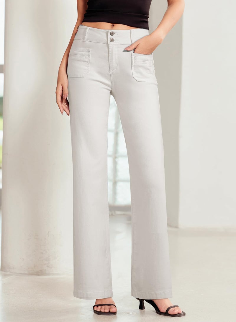 Sidefeel Women's White Jeans Spring Outfits Wide Leg Jeans Woman High Waisted Summer Denim Pants White Size 14 - Image 5