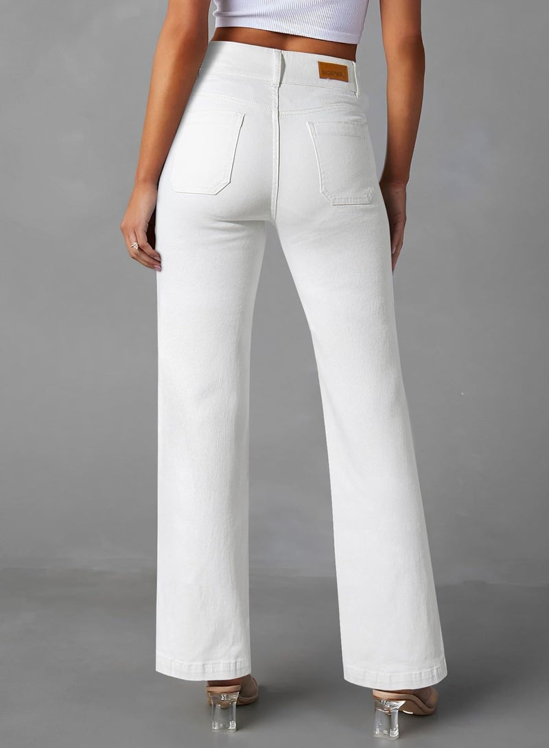 Sidefeel Women's White Jeans Spring Outfits Wide Leg Jeans Woman High Waisted Summer Denim Pants White Size 14 - Image 2