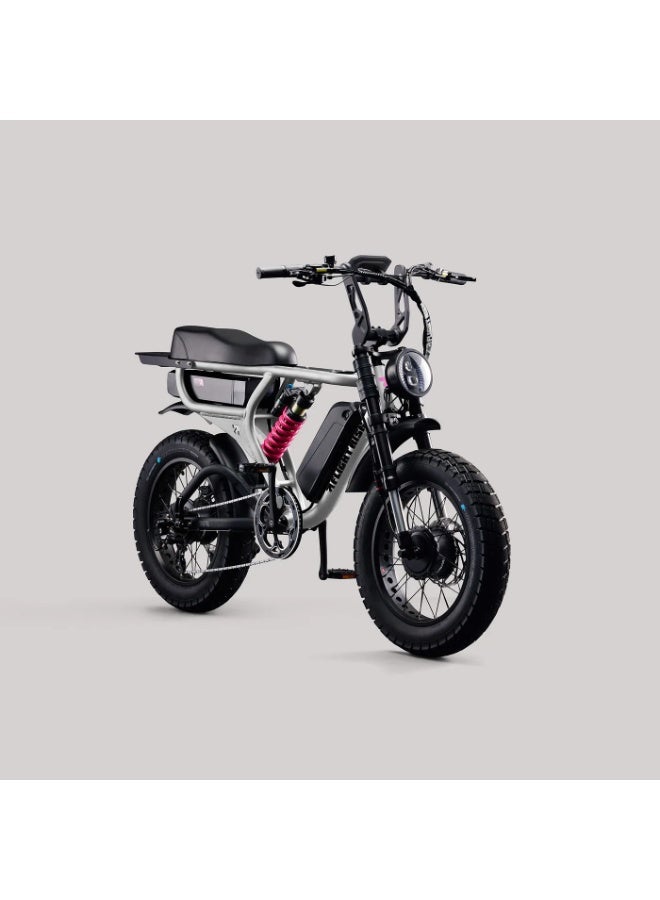 Flight Risk FR777 Electric Bike in Silver with Dual 1000W Motors (All-Wheel Drive), Shimano 7-Speed Gearing, and 4-Piston Tektro Hydraulic Disc Brakes for High-Performance Off-Road Riding - Image 5