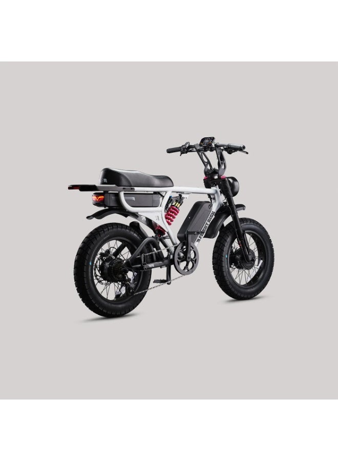 Flight Risk FR777 Electric Bike in Silver with Dual 1000W Motors (All-Wheel Drive), Shimano 7-Speed Gearing, and 4-Piston Tektro Hydraulic Disc Brakes for High-Performance Off-Road Riding - Image 4