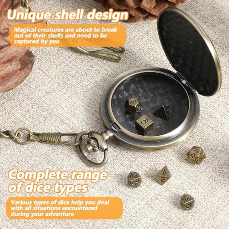 Mini DND Dice Set with Pocket Watch Shell, 7Pcs Polyhedral Metal Dice Set for Dungeons and Dragons, Role Playing Board Accessories(Dragon, Bronze) - Image 4