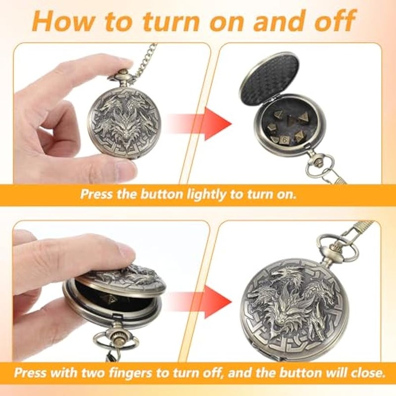 Mini DND Dice Set with Pocket Watch Shell, 7Pcs Polyhedral Metal Dice Set for Dungeons and Dragons, Role Playing Board Accessories(Dragon, Bronze) - Image 3