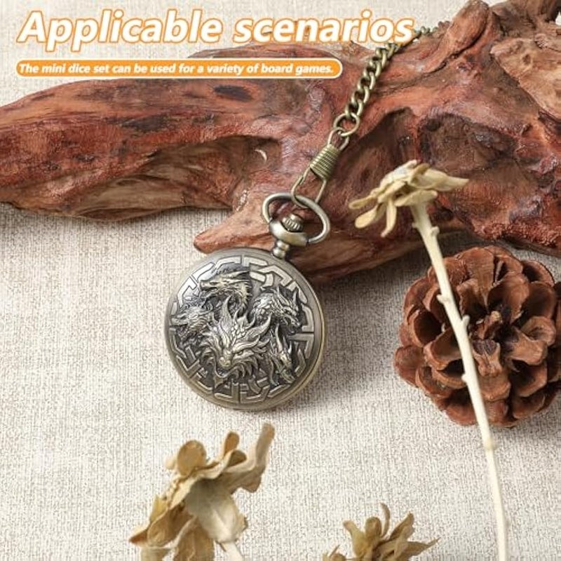 Mini DND Dice Set with Pocket Watch Shell, 7Pcs Polyhedral Metal Dice Set for Dungeons and Dragons, Role Playing Board Accessories(Dragon, Bronze) - Image 5
