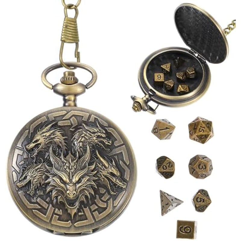 Mini DND Dice Set with Pocket Watch Shell, 7Pcs Polyhedral Metal Dice Set for Dungeons and Dragons, Role Playing Board Accessories(Dragon, Bronze) - Image 1