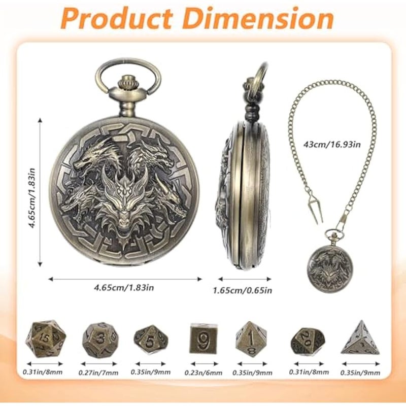 Mini DND Dice Set with Pocket Watch Shell, 7Pcs Polyhedral Metal Dice Set for Dungeons and Dragons, Role Playing Board Accessories(Dragon, Bronze) - Image 2