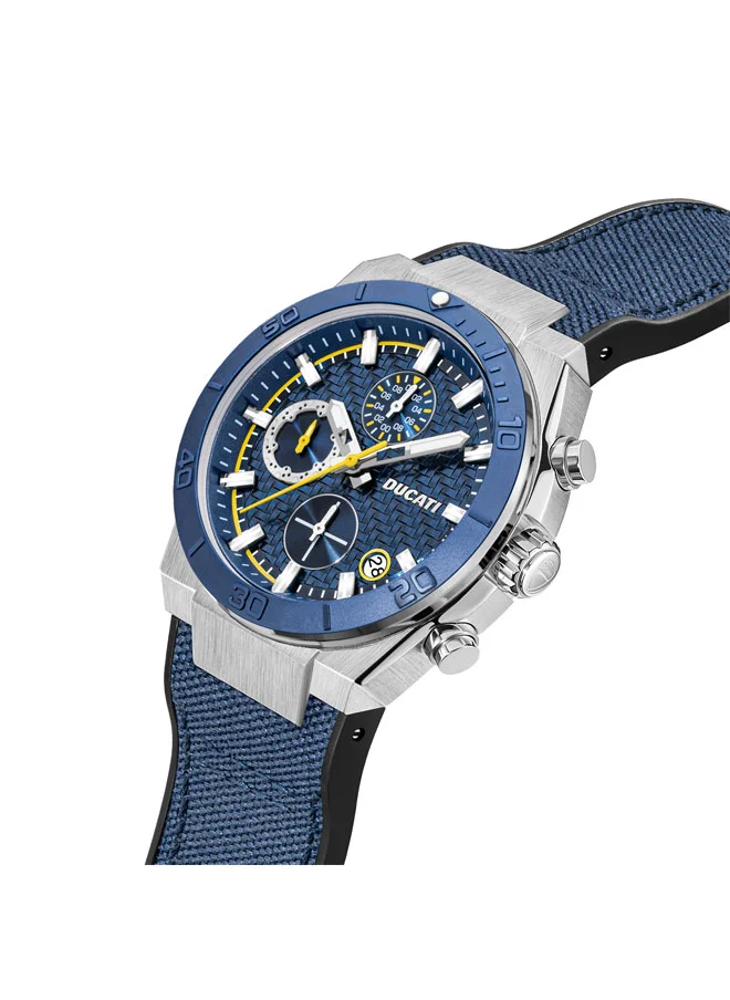 دوكاتي Ducati DT007 Gents Chronograph Watch - 43.5MM Blue Textured Dial with Yellow Accents, Blue Leather Strap, Water Resistant up to 50M, Racing Spirit for Everyday Style