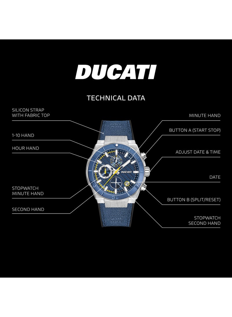 Ducati DT007 Gents Chronograph Watch - 43.5MM Blue Textured Dial with Yellow Accents, Blue Leather Strap, Water Resistant up to 50M, Racing Spirit for Everyday Style - Image 4