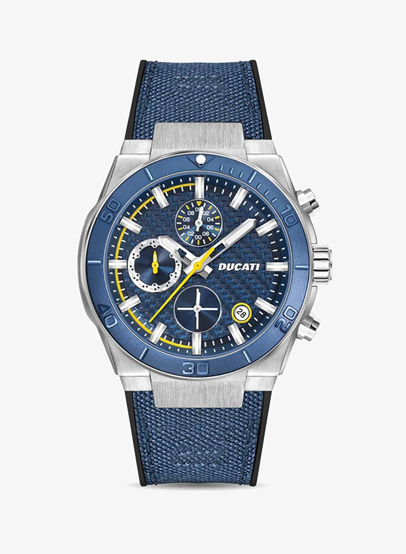 Ducati Ducati DT007 Gents Chronograph Watch - 43.5MM Blue Textured Dial with Yellow Accents, Blue Leather Strap, Water Resistant up to 50M, Racing Spirit for Everyday Style