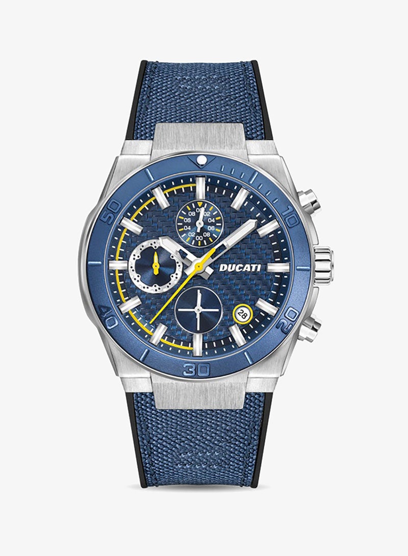 Ducati DT007 Gents Chronograph Watch - 43.5MM Blue Textured Dial with Yellow Accents, Blue Leather Strap, Water Resistant up to 50M, Racing Spirit for Everyday Style - Image 1