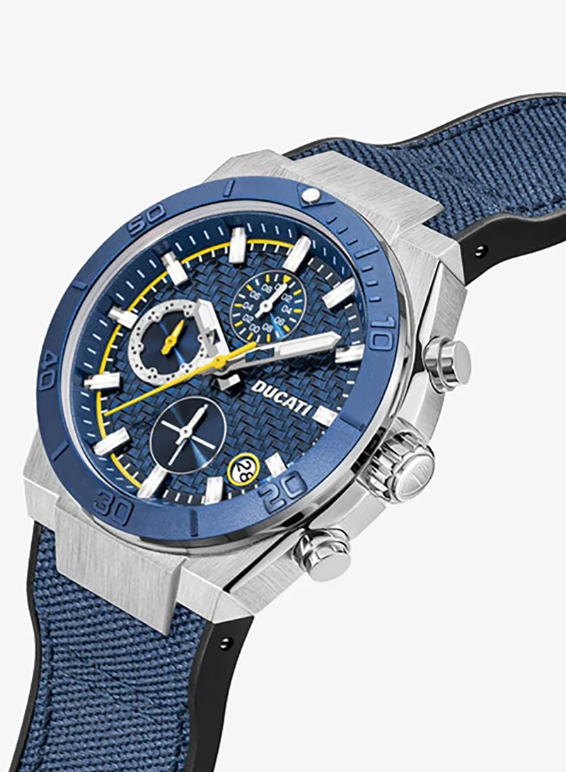 Ducati Ducati DT007 Gents Chronograph Watch - 43.5MM Blue Textured Dial with Yellow Accents, Blue Leather Strap, Water Resistant up to 50M, Racing Spirit for Everyday Style