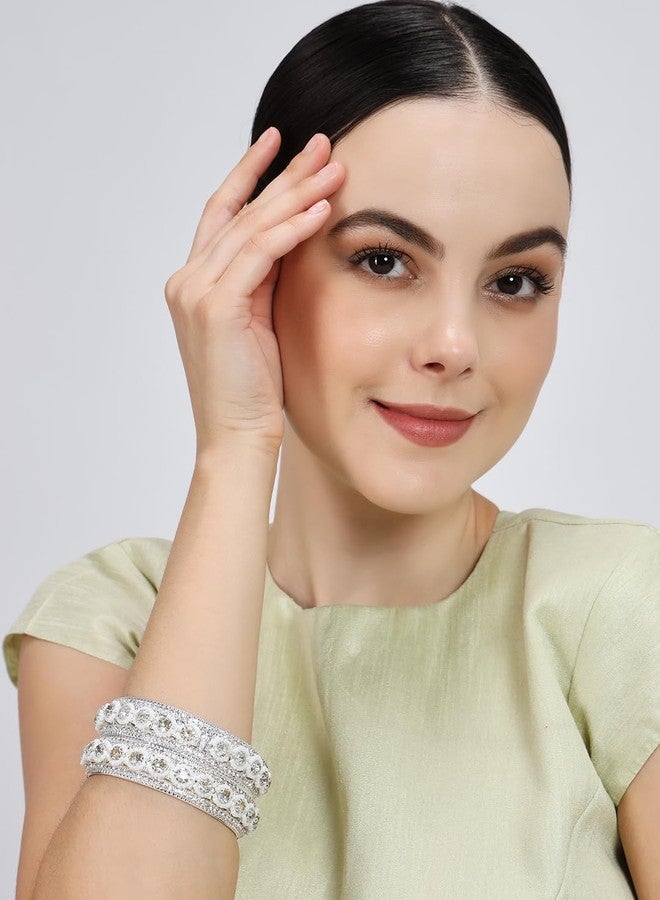 NMII Traditional Metal with Zircon Stone & White Moti Pearls Bangles For Women & Girls | Metal Bangles | AD Kada Kangan | Girl's Bangles Bracelet | pearls bangles | metal Kada-(MAH103-Silver-2.2) - Image 4