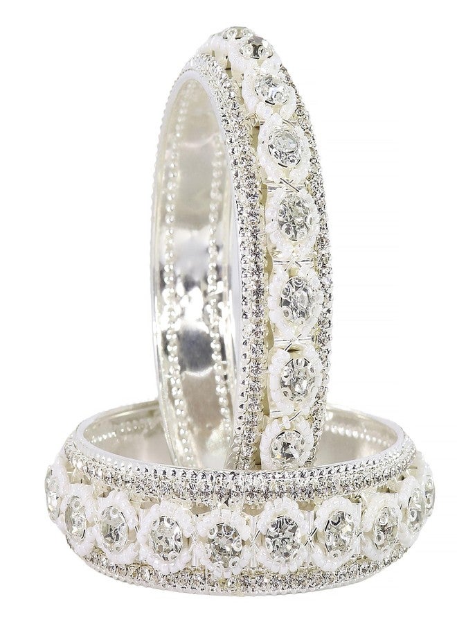 NMII Traditional Metal with Zircon Stone & White Moti Pearls Bangles For Women & Girls | Metal Bangles | AD Kada Kangan | Girl's Bangles Bracelet | pearls bangles | metal Kada-(MAH103-Silver-2.2) - Image 1