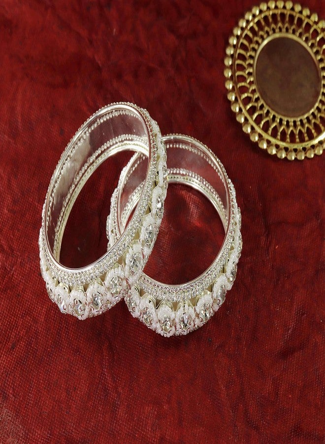 NMII Traditional Metal with Zircon Stone & White Moti Pearls Bangles For Women & Girls | Metal Bangles | AD Kada Kangan | Girl's Bangles Bracelet | pearls bangles | metal Kada-(MAH103-Silver-2.2) - Image 3