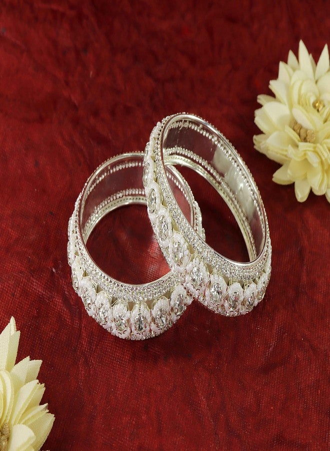 NMII Traditional Metal with Zircon Stone & White Moti Pearls Bangles For Women & Girls | Metal Bangles | AD Kada Kangan | Girl's Bangles Bracelet | pearls bangles | metal Kada-(MAH103-Silver-2.2) - Image 2