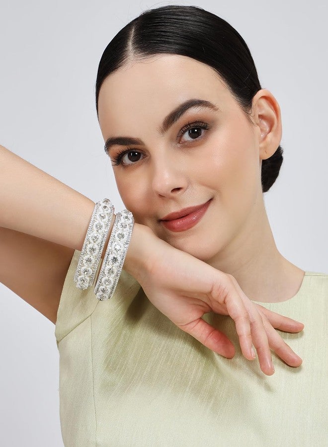 NMII Traditional Metal with Zircon Stone & White Moti Pearls Bangles For Women & Girls | Metal Bangles | AD Kada Kangan | Girl's Bangles Bracelet | pearls bangles | metal Kada-(MAH103-Silver-2.2) - Image 5