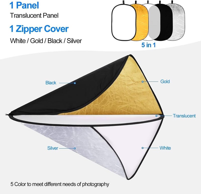 EMART 24'' x 36''(60 x 90cm) 5 in 1 Photo Collapsible Photography Reflector with Bag, Large Oval Portable Panel for Studio Video, Portraint, Outdoor Shooting -Translucent, White, Silver, Gold, Black - Image 3