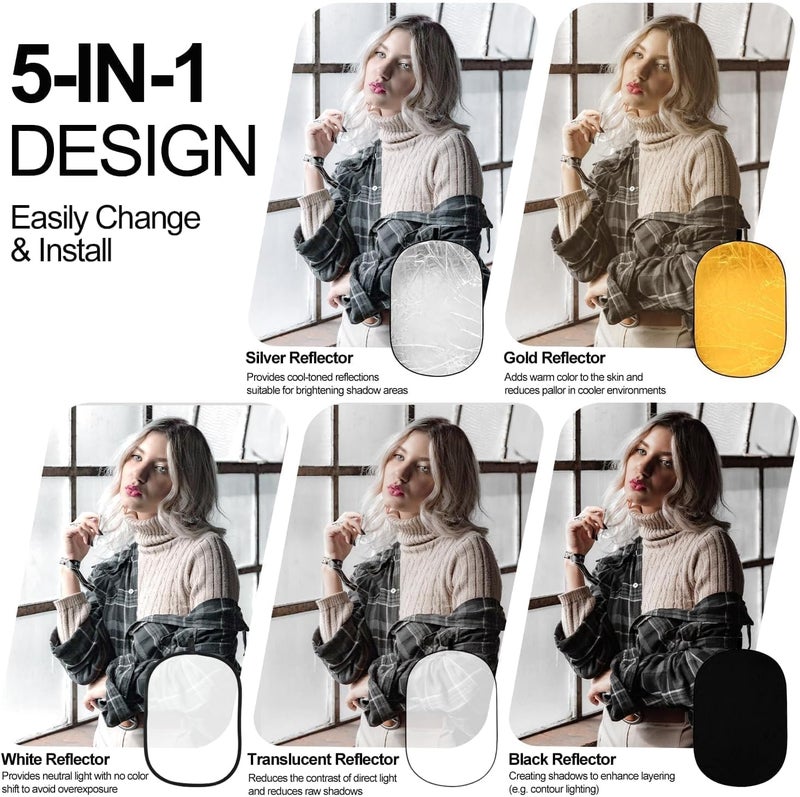 EMART 24'' x 36''(60 x 90cm) 5 in 1 Photo Collapsible Photography Reflector with Bag, Large Oval Portable Panel for Studio Video, Portraint, Outdoor Shooting -Translucent, White, Silver, Gold, Black - Image 2