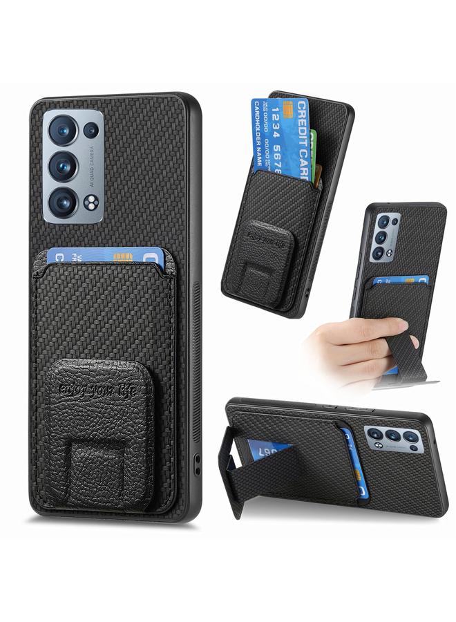 اس-توب جراب هاتف OPPO Reno6 Pro 5G مصنوع من ألياف الكربون وحقيبة بطاقات وحامل قابل للطي - Image 1