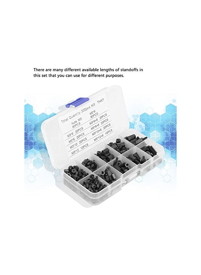 promass 300Pcs Standoff Screws M3 Nylon Screw Nut Hex Male Female Standoff Screws Set Assortment Kit with Storage Box, Black - Image 3