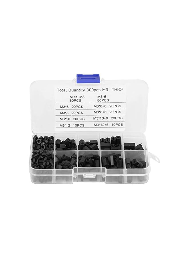 promass 300Pcs Standoff Screws M3 Nylon Screw Nut Hex Male Female Standoff Screws Set Assortment Kit with Storage Box, Black - Image 2